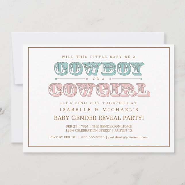 Cowboy eller Cowgirl Land Baby Gender Reveal Party Inbjudningar (Framsida)