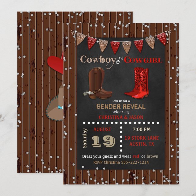 Cowboy eller Cowgirl Western Gender Reveal Red Bro Inbjudningar (Fram/baksida)