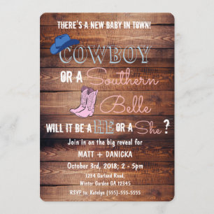 Cowboy eller Southern Belle Gender Reveal Baby Sho Inbjudningar