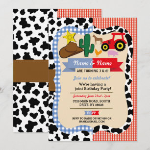 Cowboy & Farm Joint Boy Girl Birthday Animal Horse Inbjudningar