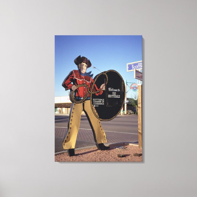 Cowboy figur-skylt som hälsar turister välkomna ti canvastryck (Framsida)