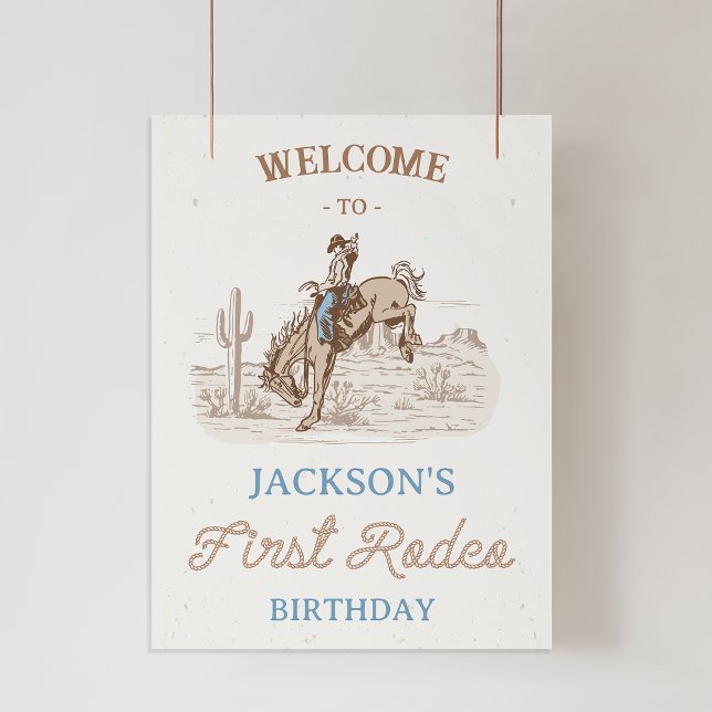 Cowboy First Rodeo 1:a födelsedagens välkomstskylt Fototryck (Boys First Rodeo 1st Birthday Welcome Sign, Cowboy 1st Birthday Welcome Poster, Western Themed Rodeo)