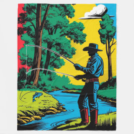 Cowboy Fisherman on Riverbank  Fleece Blanket