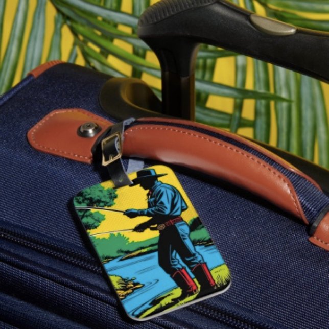 Cowboy Fiskare på flodbanken Bagagebricka (Retro Cowboy Fishing Riverside Scene single-sided w Card Slot, weatherproof, leather strap included.)