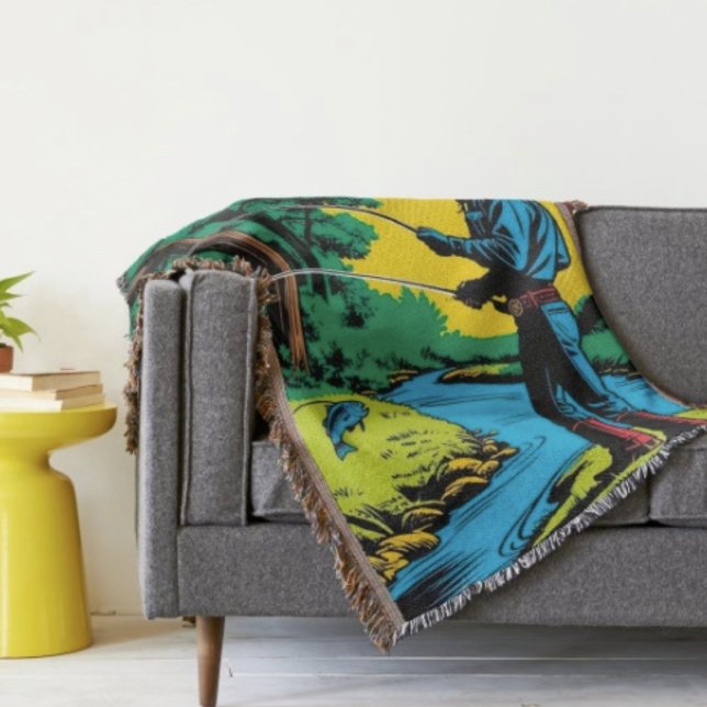 Cowboy fiskare på flodbanken  filt (Retro Cowboy Fishing Riverside Scene blanket - soft and colourful available  in 3 different sizes. )