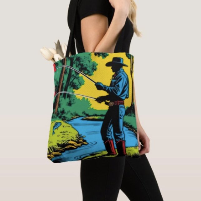 Cowboy Fiskare på Flodbanken Tygkasse (Retro Cowboy Fishing Riverside Scene Travel Tote Bag, laminated  for extra support. Made in USA. 
)
