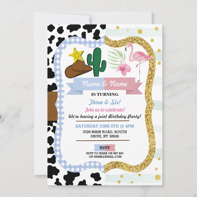 Cowboy & Flamingo Joint Boy Girl Birthday Inbjudningar (Framsida)