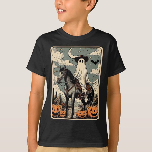 Cowboy Ghost Riding Horse Funny Tarot Card Hallowe T Shirt (Framsida)