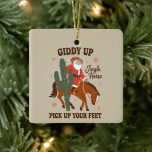 Cowboy Giddy Up Jingle Häst Ta Upp Fötterna Julgransprydnad Keramik