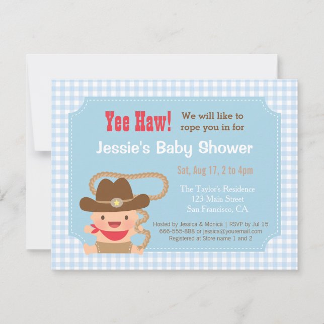 Cowboy Gingham Western Baby Shower-inbjudningar Inbjudningar (Framsida)
