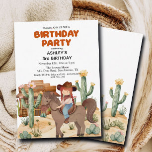 Cowboy Girl på häst 3:e födelsedagen Party Inbjudningar