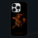 Cowboy Hat and Leather Boots Masculine Personalize<br><div class="desc">Ett par svarta läderskor står på golv med en brun cowboyhatt överst. Anpassa genom att redigera texten eller ta bort text utan namn.</div>