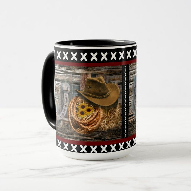 Cowboy Hat Horseshoe Lasso Rustic Barn Wood Mugg (Framsida vänster)