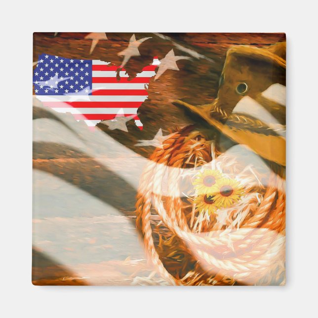 Cowboy Hat Lasso American Flagga Sunrockor Magnet (Framsidan)