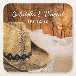 Cowboy Hat och Barn Wood Land Westernare Bröllop Underlägg Papper Kvadrat