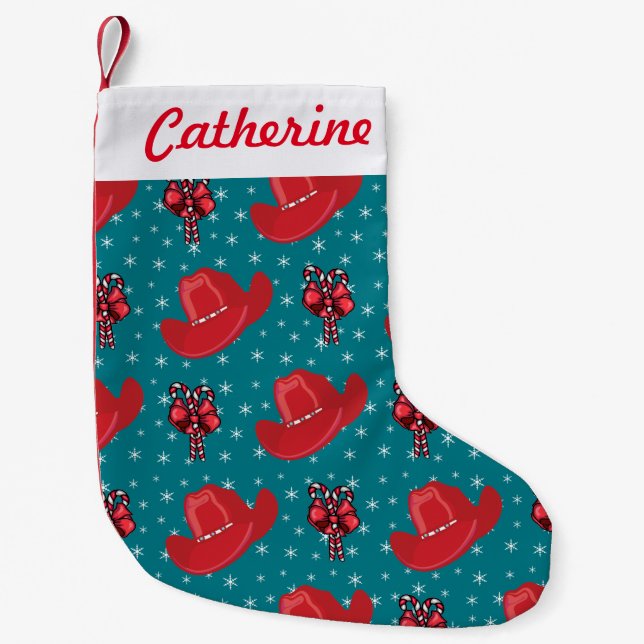 Cowboy Hat och Polkagrisar med Snöflingor Helgdag Liten Julstrumpa (Framsidan)