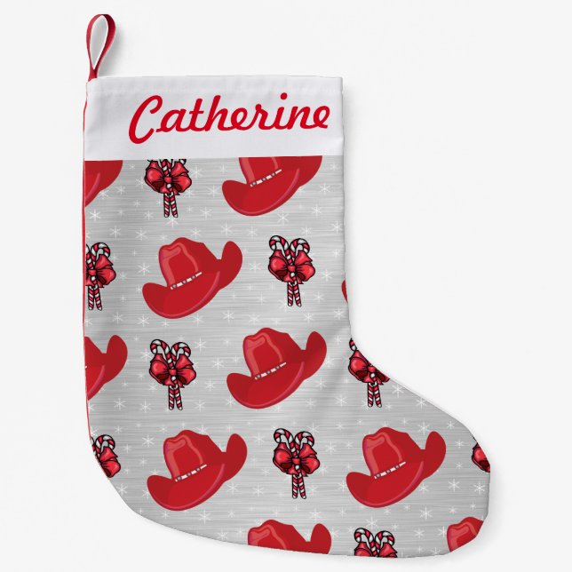 Cowboy Hat och Polkagrisar på Silver jul Liten Julstrumpa (Framsidan)