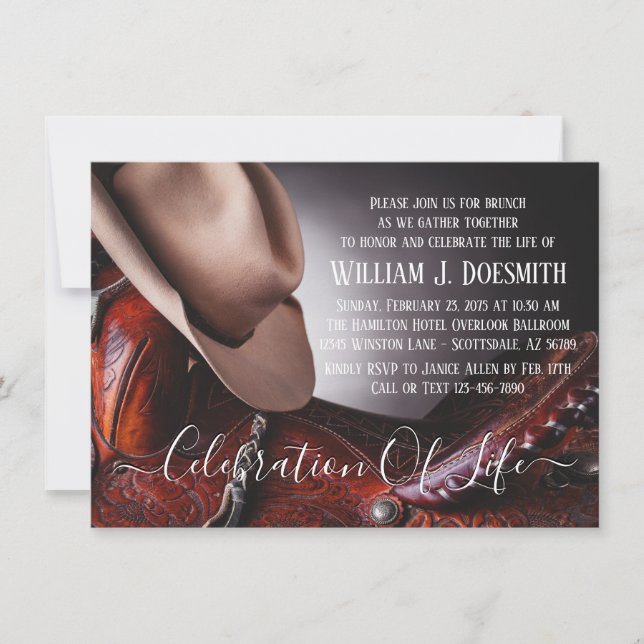 Cowboy Hat Saddle Funeral Memorial Service Inbjudningar (Framsida)