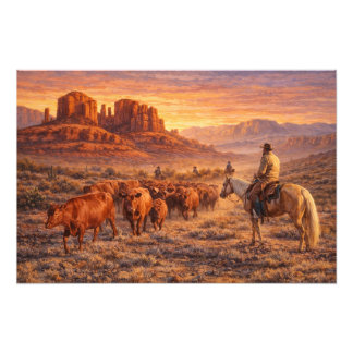 Cowboy Herding Cows at Sunset Fototryck