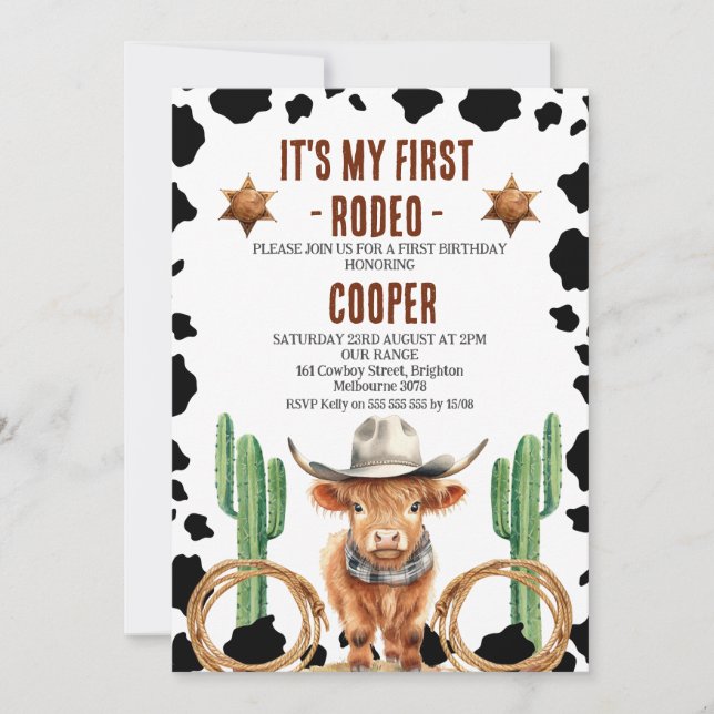 Cowboy Highland Cow My First Rodeo 1st Birthday Inbjudningar (Framsida)