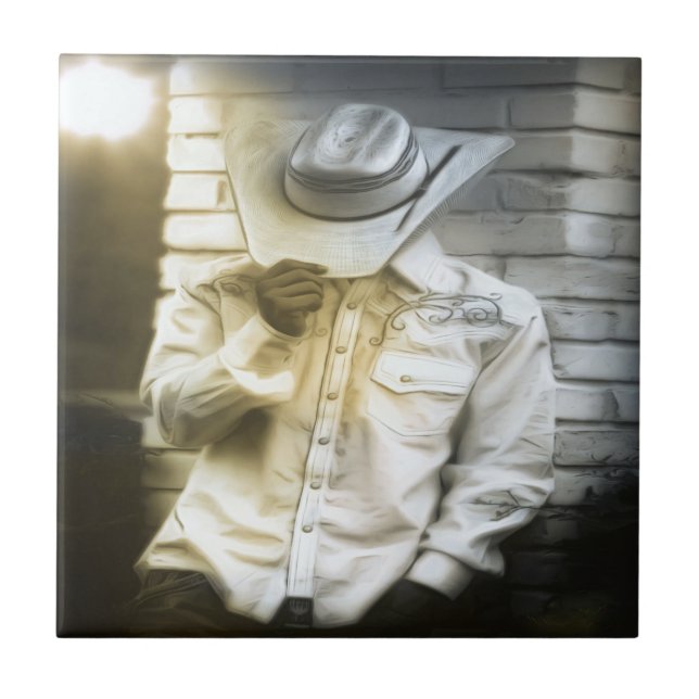 Cowboy Holding Hans Hat Kakelplatta (Framsidan)