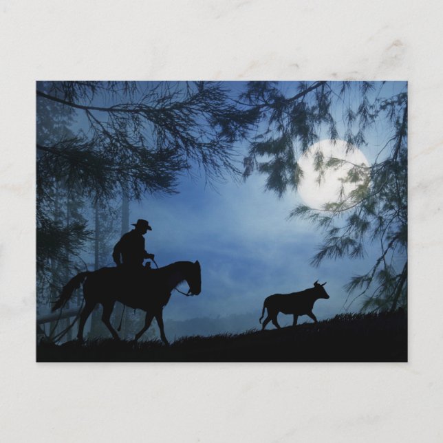 Cowboy Horse and Steer med full Moon Winter Vykort (Framsida)