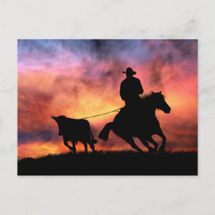 Cowboy Horse and Steer Roping in Sunset Vykort