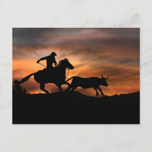 Cowboy Horse and Steer Southwest Sunset Rodeo Vykort