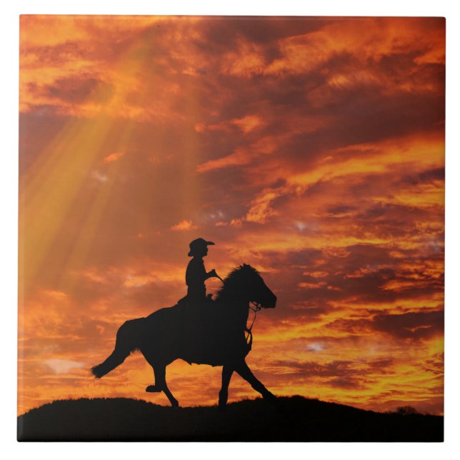 Cowboy Horse and Sunset Home Decor Kakelplatta (Framsidan)