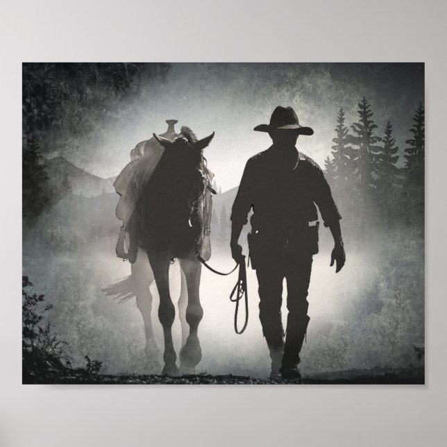 Cowboy Horse Silhouette Decoupage Skriv ut Poster (Framsidan)