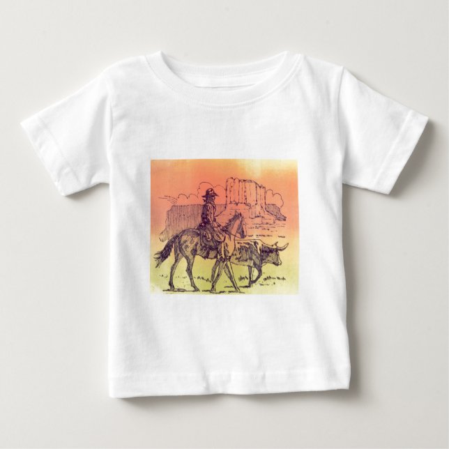 Cowboy Horse Steer Cattle Cow Western Sunset Art Tee (Framsida)