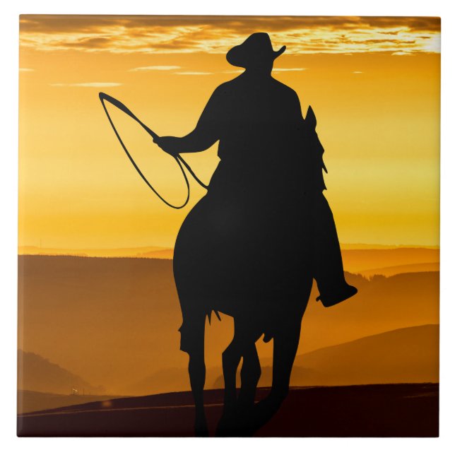 Cowboy Horse Sunset Silhouette Kakelplatta (Framsidan)
