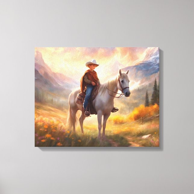 Cowboy Horseback Boy's Bedroom Art Kanvastryck (Framsida)