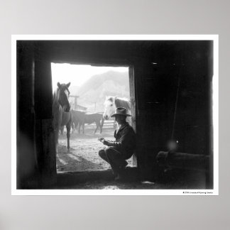 Cowboy i en dörr med hästar poster