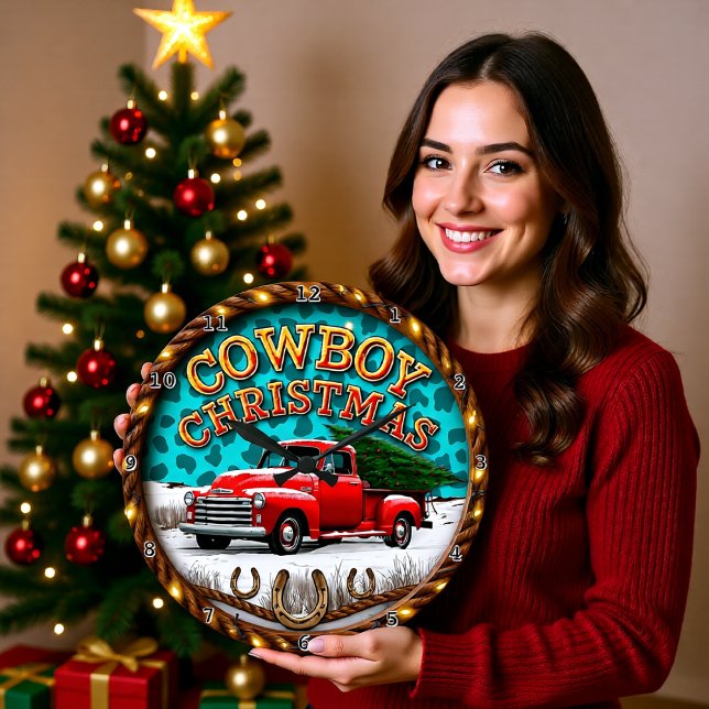 Cowboy jul röd lastbil stor klocka (Skapare uppladdad)