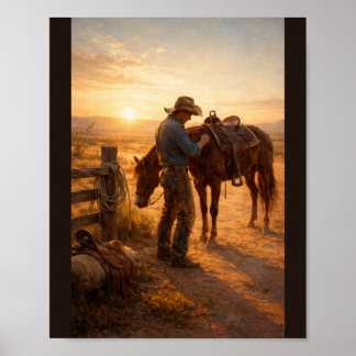Cowboy justerar sadel vid soluppgång poster