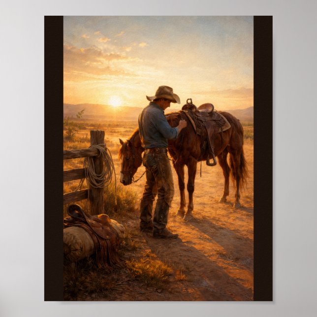Cowboy justerar sadel vid soluppgång poster (Framsidan)