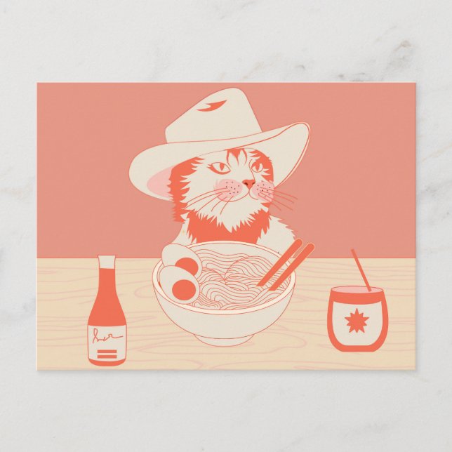 Cowboy Katt äter Ramen Vykort (Framsida)