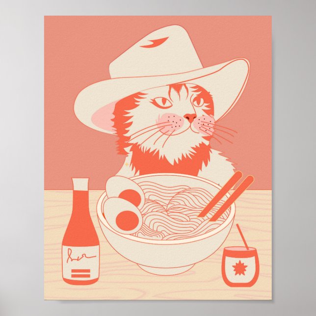 Cowboy Katt som äter Ramen Poster (Framsidan)