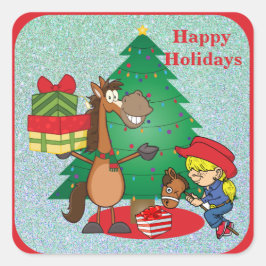 Cowboy Kids and Horse Tecknad Helgdag Sticker Fyrkantigt Klistermärke