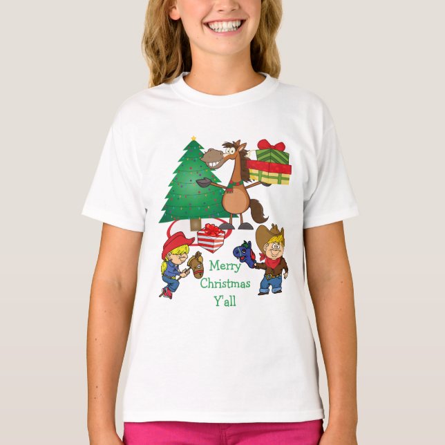 Cowboy Kids and Horse Tecknad Helgdag T-Shirt (Framsida)