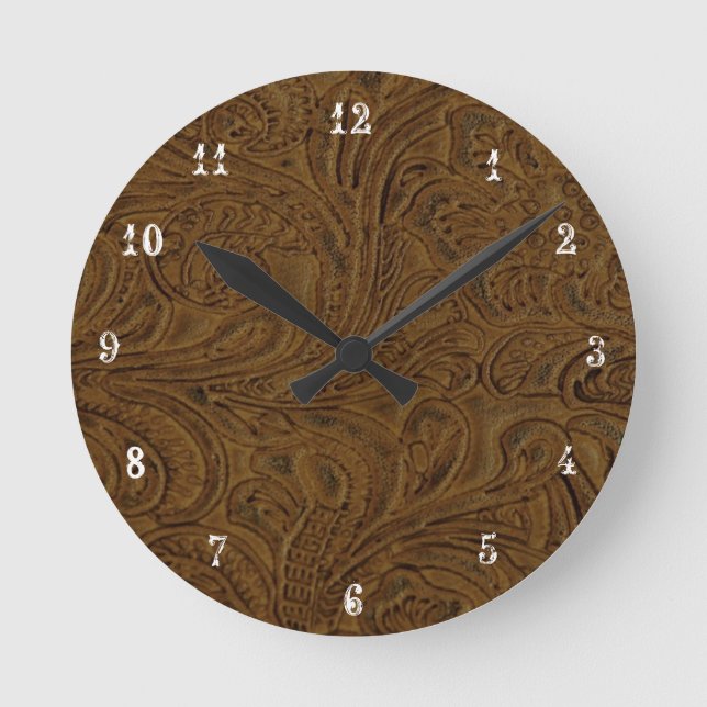 Cowboy Land Brown Tooled Leather-klocka Rund Klocka (Framsida)