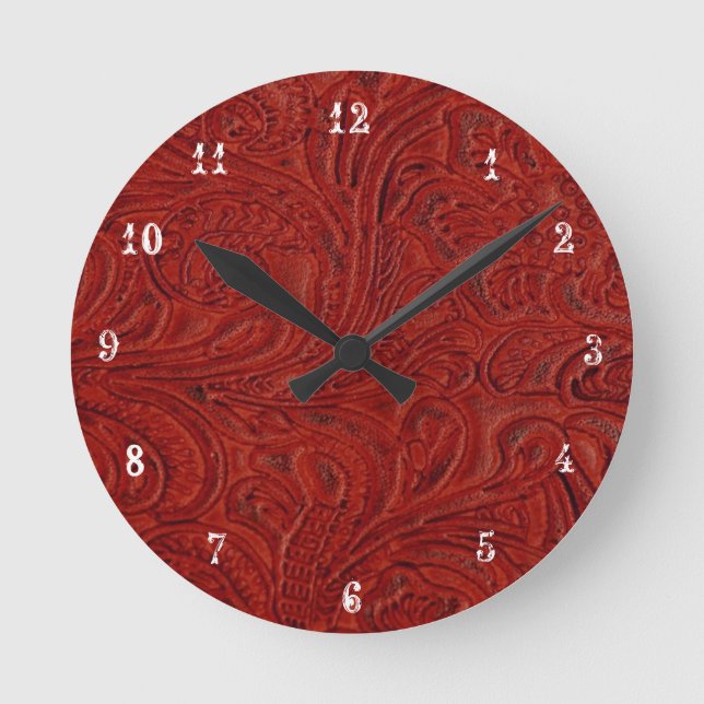 Cowboy Land Red Tooled-läderklocka Rund Klocka (Framsida)