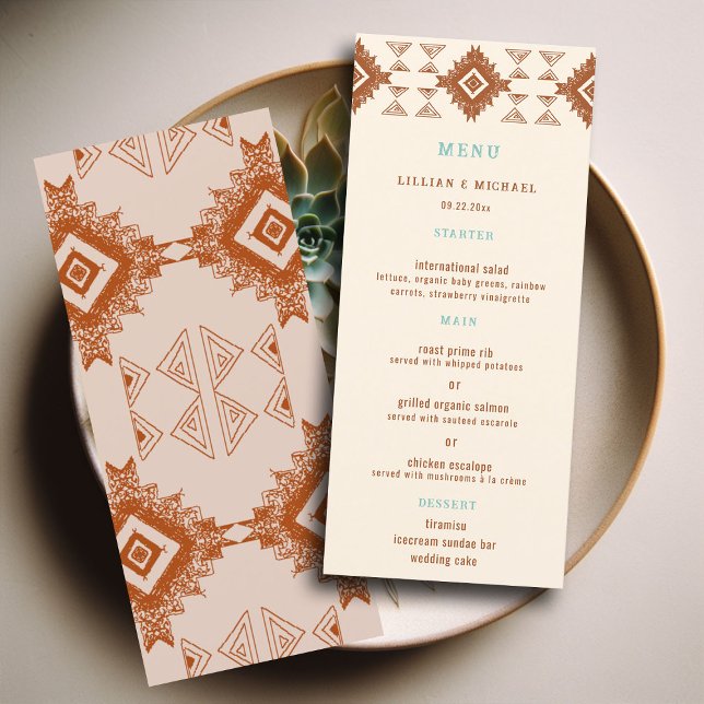 Cowboy Land Western Desert Terracotta Bröllop Meny (cowboy country western desert wedding menu aztec pattern terracotta teal)