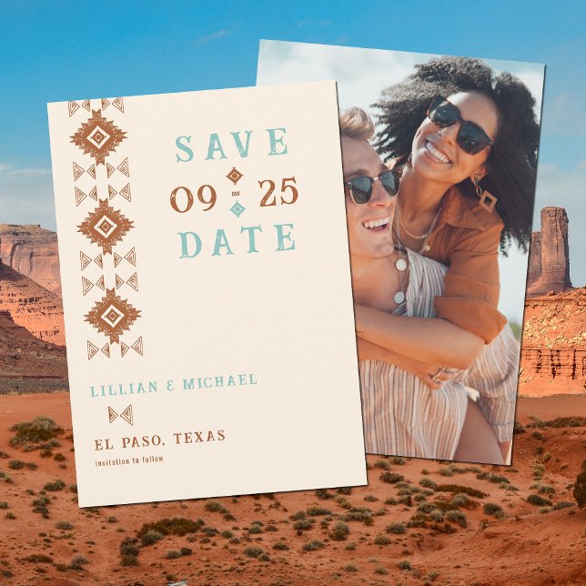 Cowboy Land Westerna Aztec Bröllop spara datum Inbjudningar (western country cowboy desert wedding save the date photo terracotta teal)
