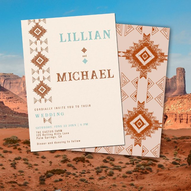 Cowboy Land Westerna Aztec Desert Bröllop Inbjudningar (southwestern cowboy desert western barn ranch aztec tribal pattern wedding invitation terracotta)
