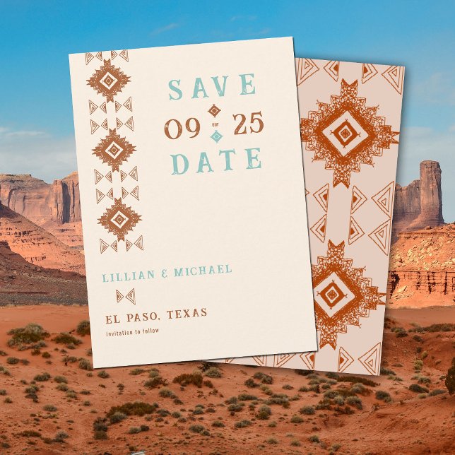 Cowboy Land Westerna Chic Bröllop spara datum Inbjudningar (cowboy country western desert wedding save the date aztec pattern terracotta teal)