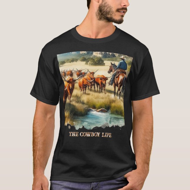 Cowboy Live Long Horn Nötkreaturs Uppkörning  T Shirt (Framsida)