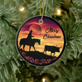 Cowboy & Longhorn Steer jul Ceramic Ornamic Julgransprydnad Keramik