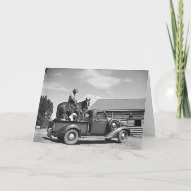 Cowboy med hästen i en lastbil kort (Framsida)